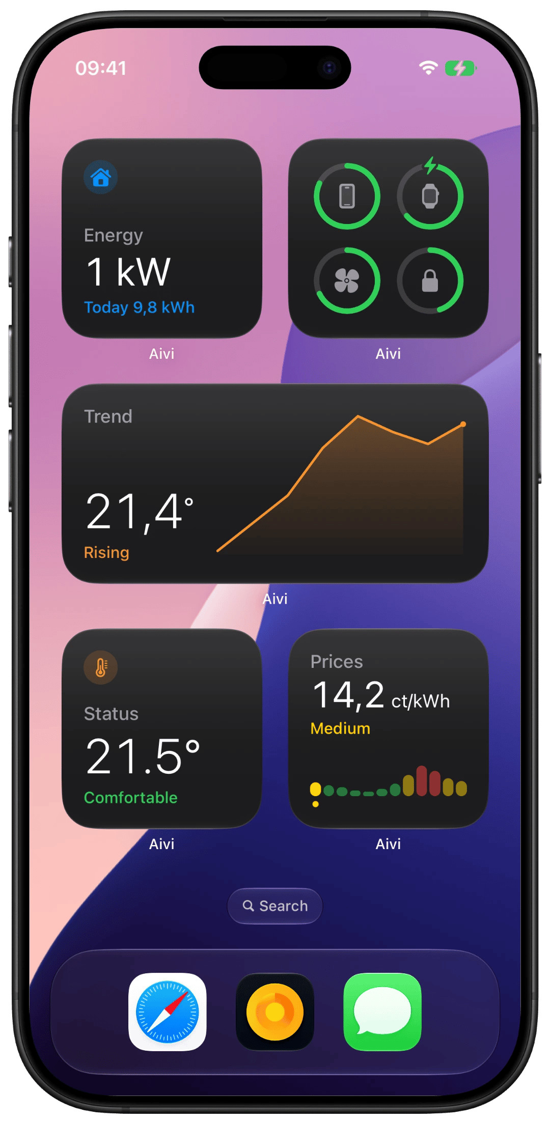 iPhone home screen filled with Aivi widgets: energy, temperature trend, electricity prices, and thermostat status