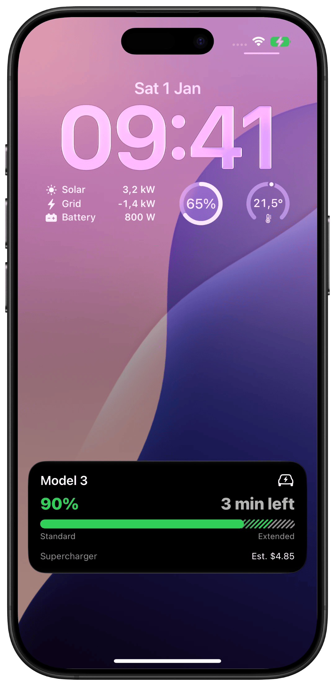 iPhone lock screen with Aivi widgets tracking solar, grid, and battery, plus a Tesla charging live activity