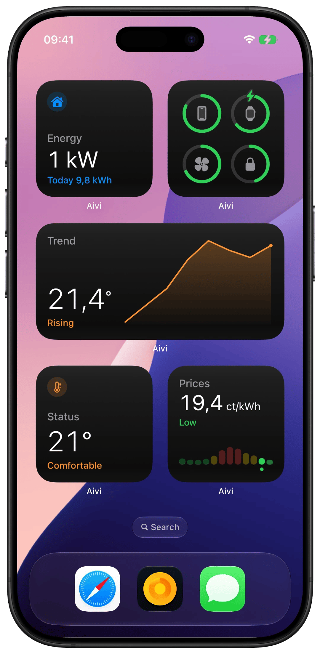iPhone home screen filled with Aivi widgets: energy, temperature trend, electricity prices, and thermostat status
