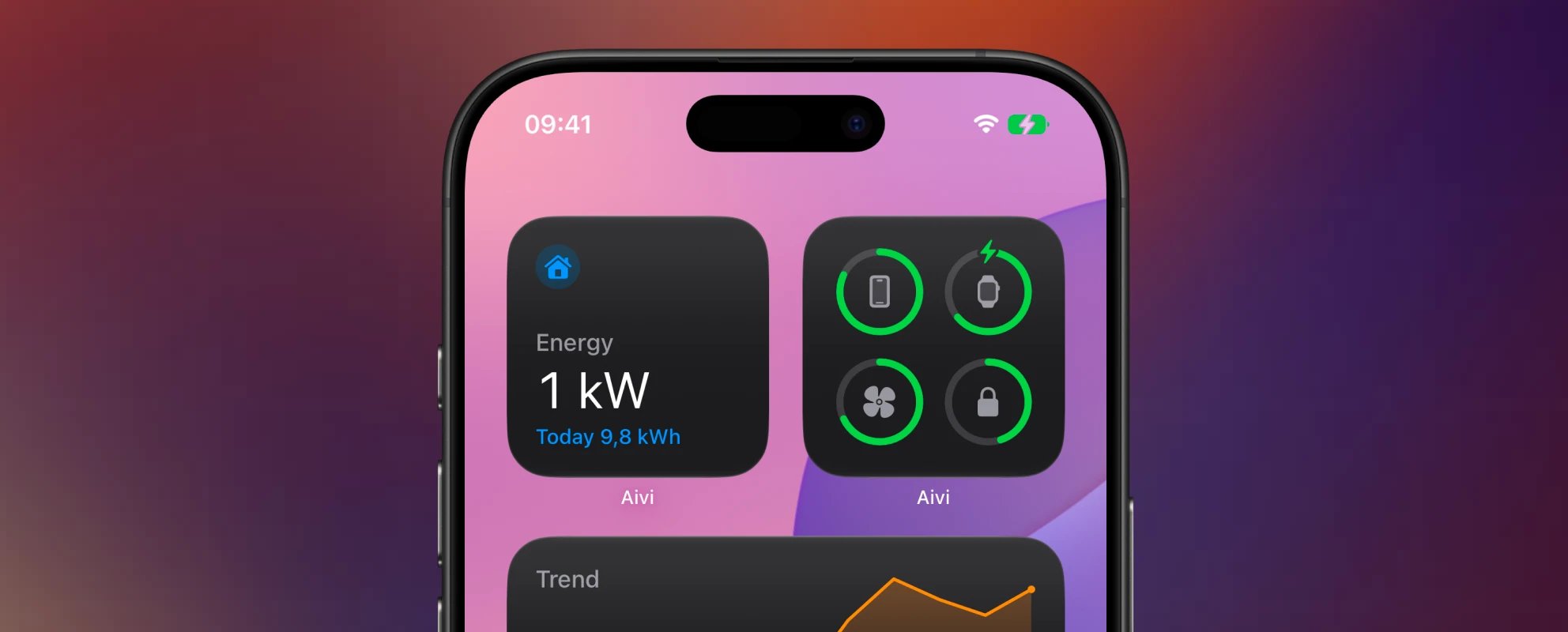 A close-up of an iPhone home screen with Aivi widgets: an energy widget reading 1 kilowatt and a grid of device battery rings