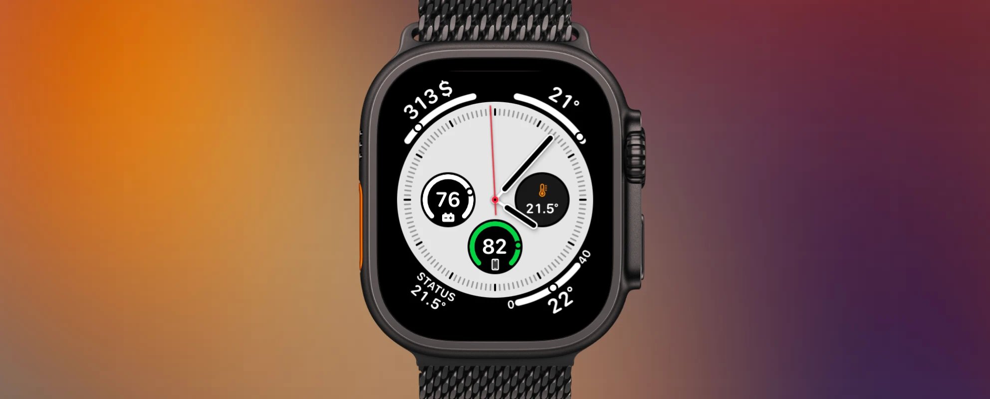 An Apple Watch Ultra face with Aivi complications: a battery ring, a gauge, and corner temperature readings