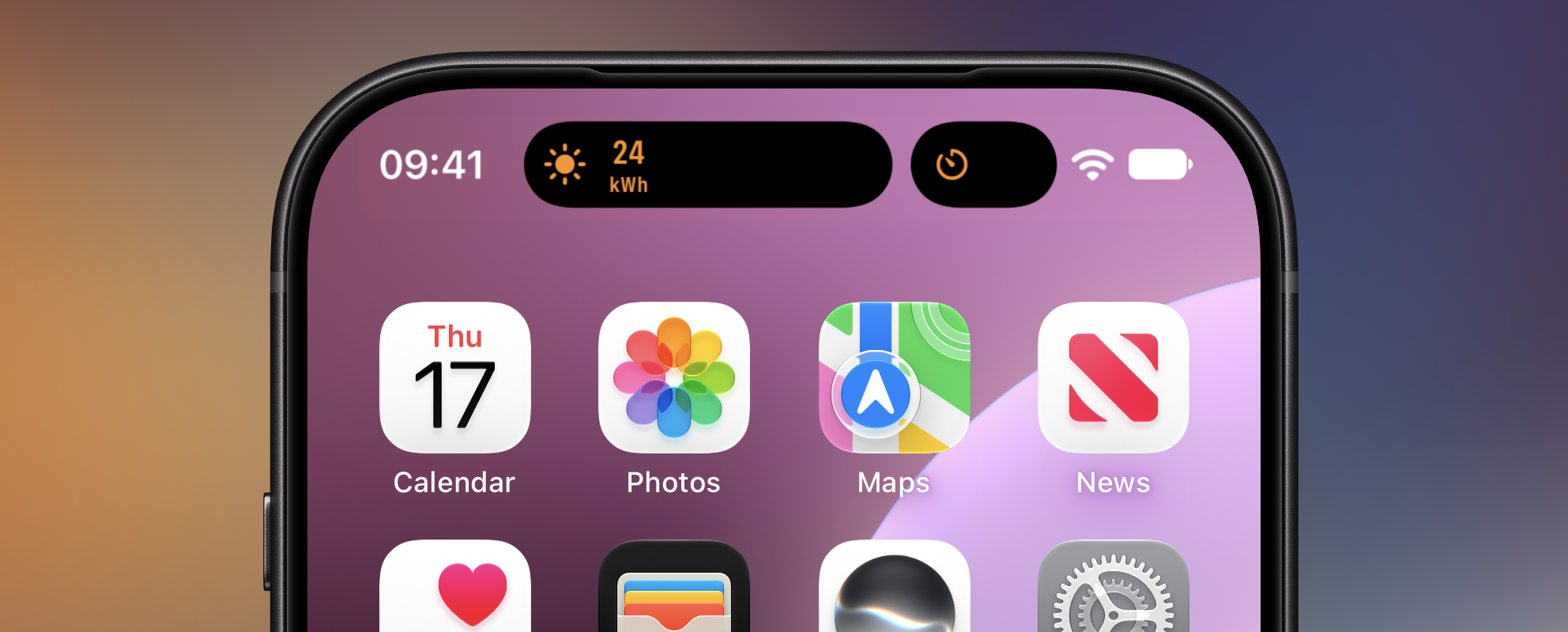An iPhone Dynamic Island showing two Live Activities at once: an Aivi solar reading of 24 over kWh and a timer from another app