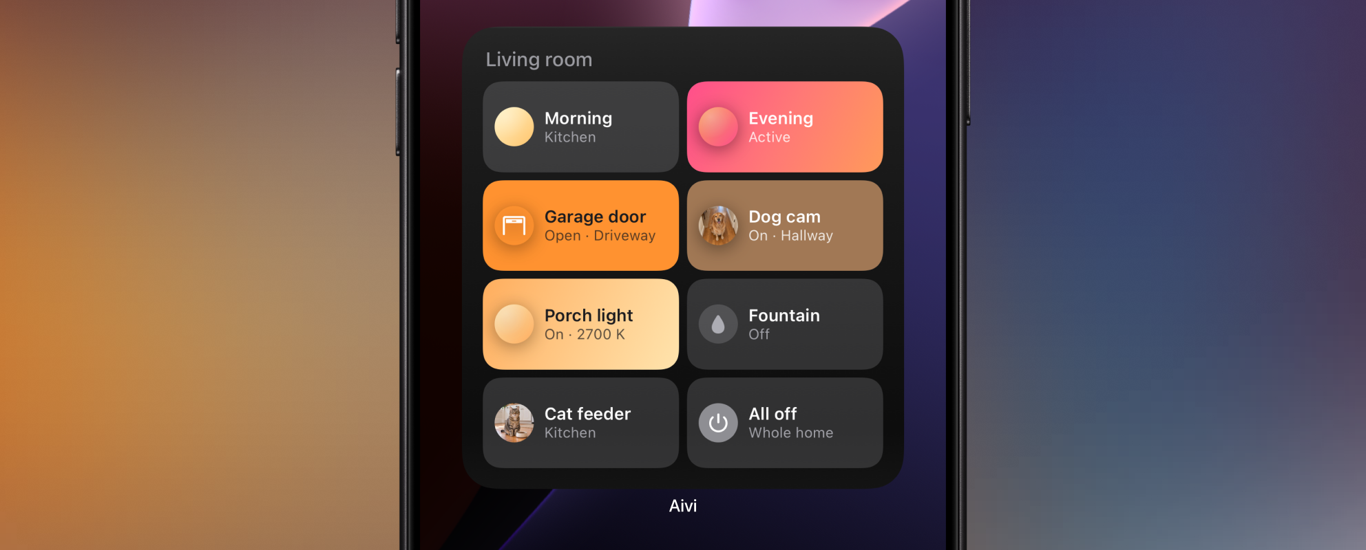 An iPhone Home Screen with the large Switchboard widget headed Living room: eight tiles in two columns for Morning (Kitchen), Evening (Active), Garage door (Open · Driveway), Dog cam (On · Hallway), Porch light (On · 2700 K), Fountain (Off), Cat feeder (Kitchen) and All off (Whole home)