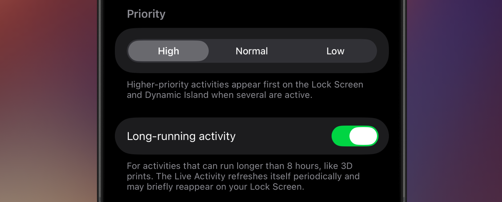 The Aivi activity editor showing the Priority picker set to High and the Long-running activity toggle switched on