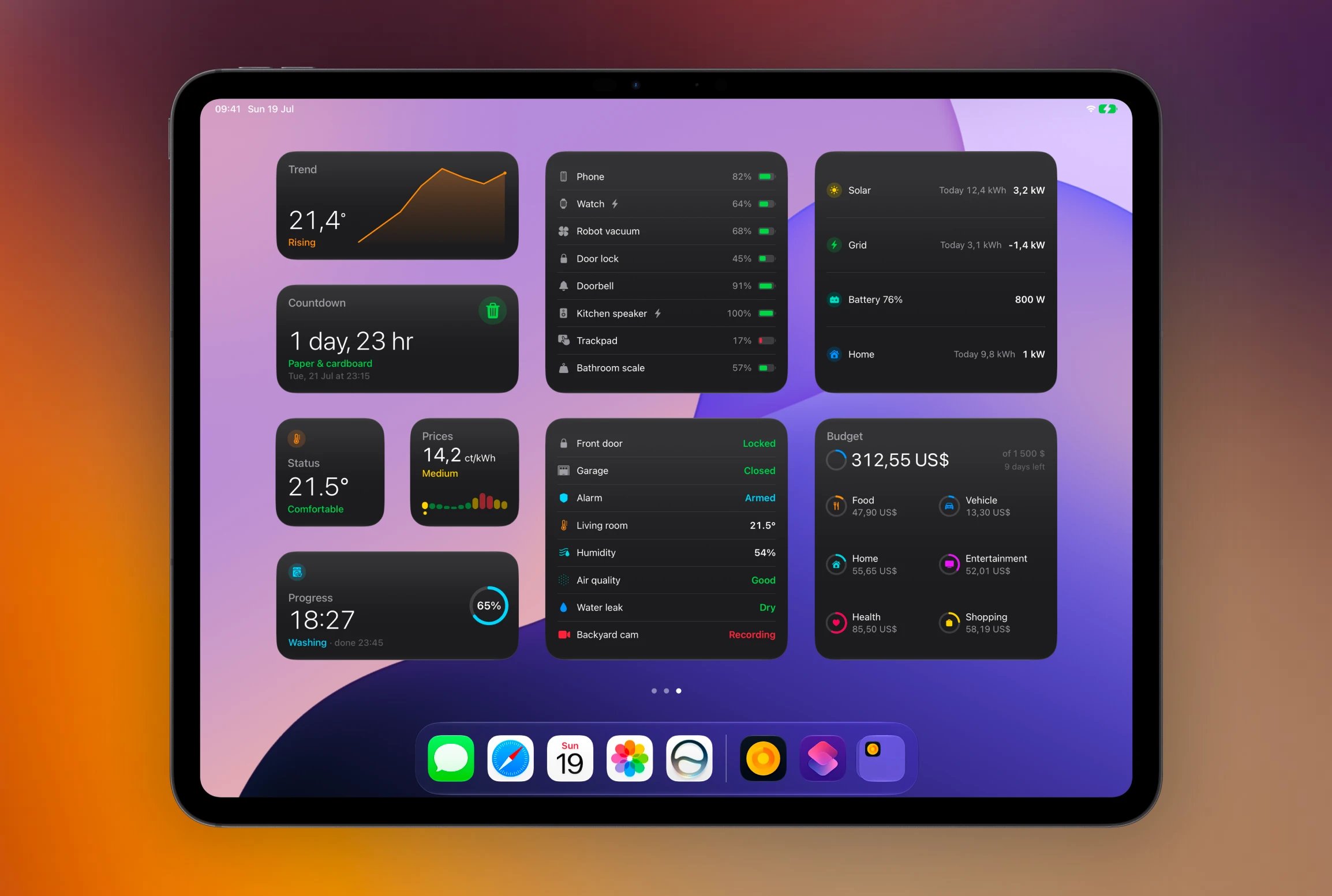 An iPad home screen filled with Aivi widgets: temperature trend, recycling countdown, device batteries, solar and grid energy, home security status, electricity prices, laundry progress, and a monthly budget breakdown