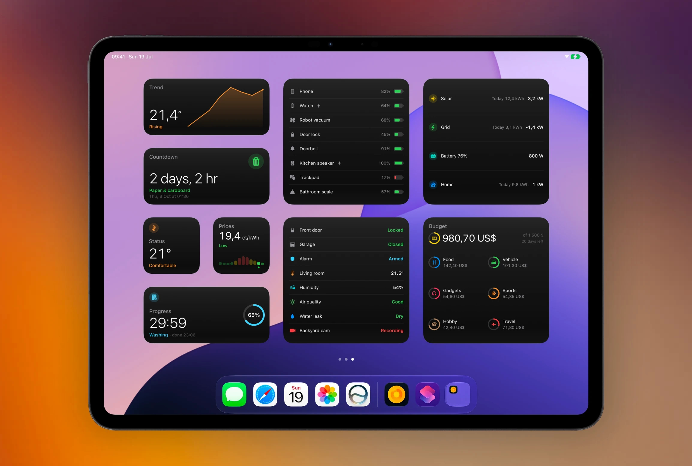 An iPad home screen filled with Aivi widgets: temperature trend, recycling countdown, device batteries, solar and grid energy, home security status, electricity prices, laundry progress, and a monthly budget breakdown