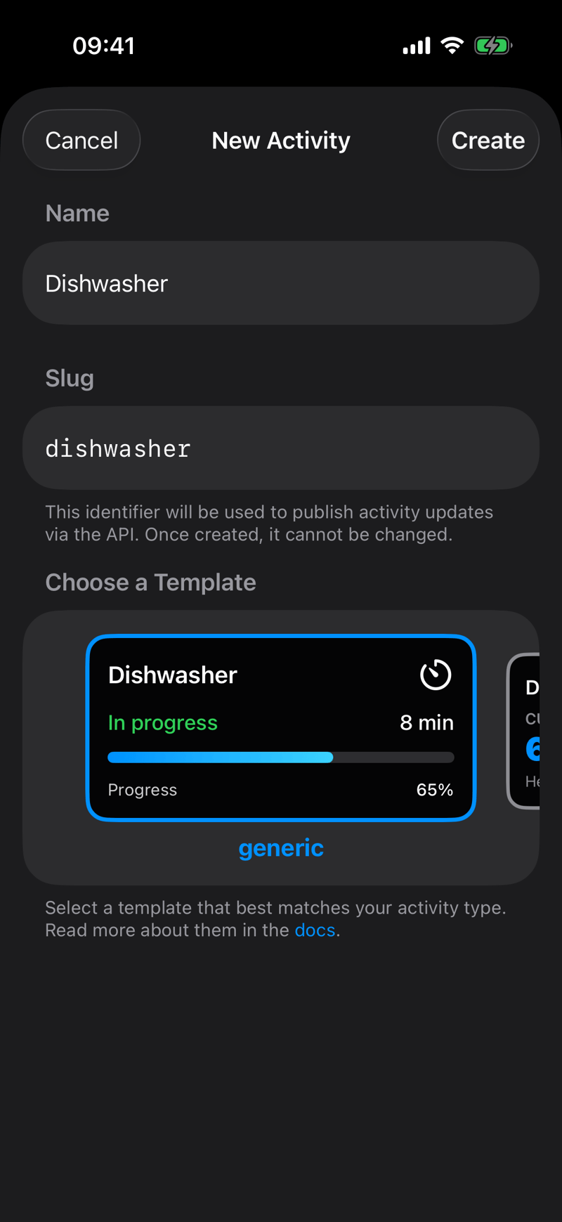 Presents a screen from the application showing a created activity