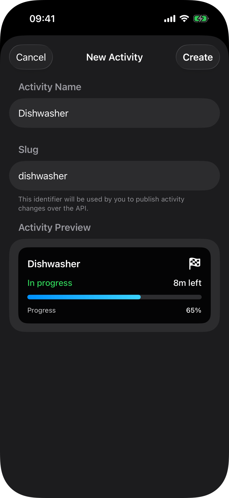 Presents a screen from the application showing a created activity