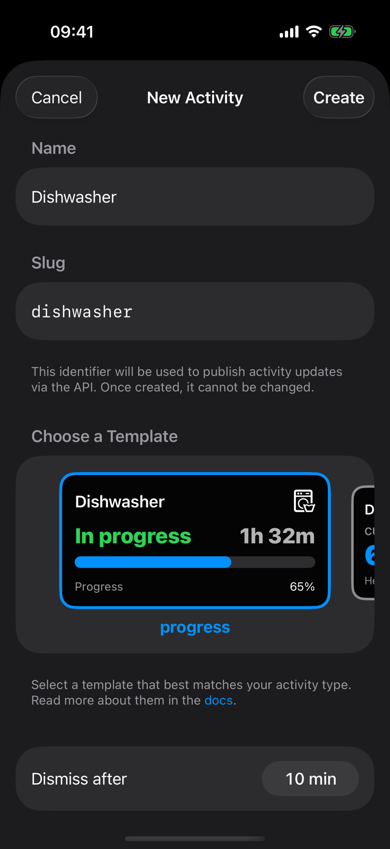 Presents a screen from the application showing a created activity
