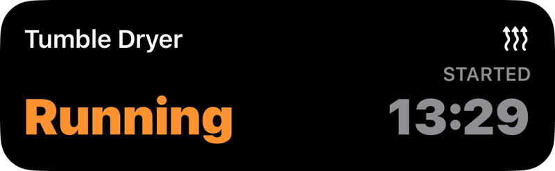 Tumble Dryer live activity: Running, Started 13:29