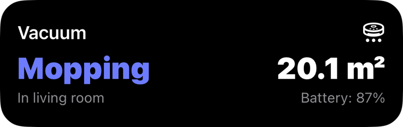 Vacuum live activity: Mopping, 20.1 m², Battery 87%