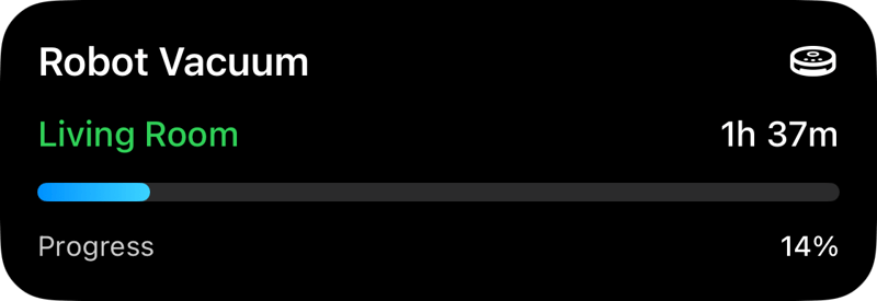 Robot Vacuum live activity: Living Room, 1h 37m, Progress 14%