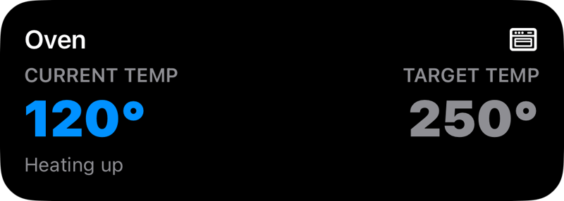 Oven live activity: Heating up, 120° / 250°