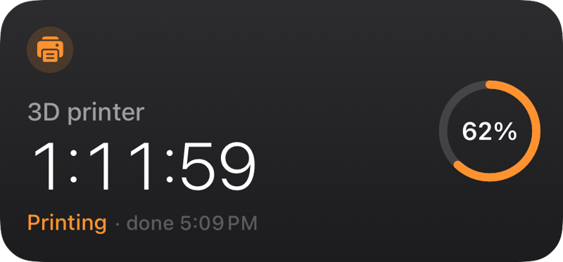 3D printer progress widget: Printing, 1 hour 12 minutes left, 62% ring