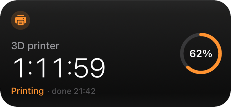 3D printer progress widget: Printing, 1 hour 12 minutes left, 62% ring